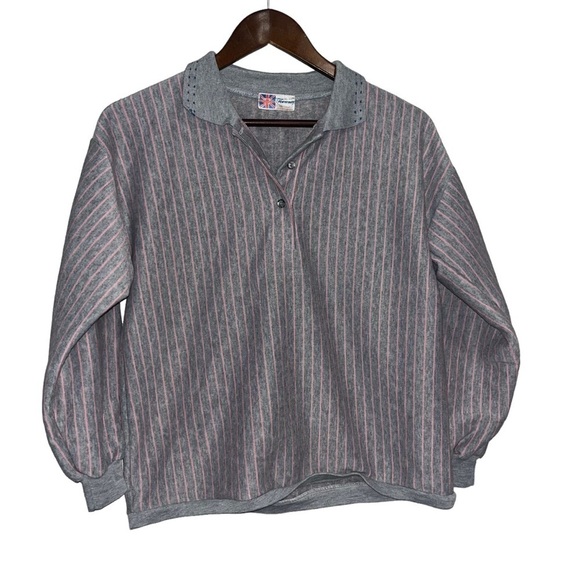 Women's Vintage Keung High Class Striped Pink & Grey Polo Sweatshirt - Picture 1 of 7